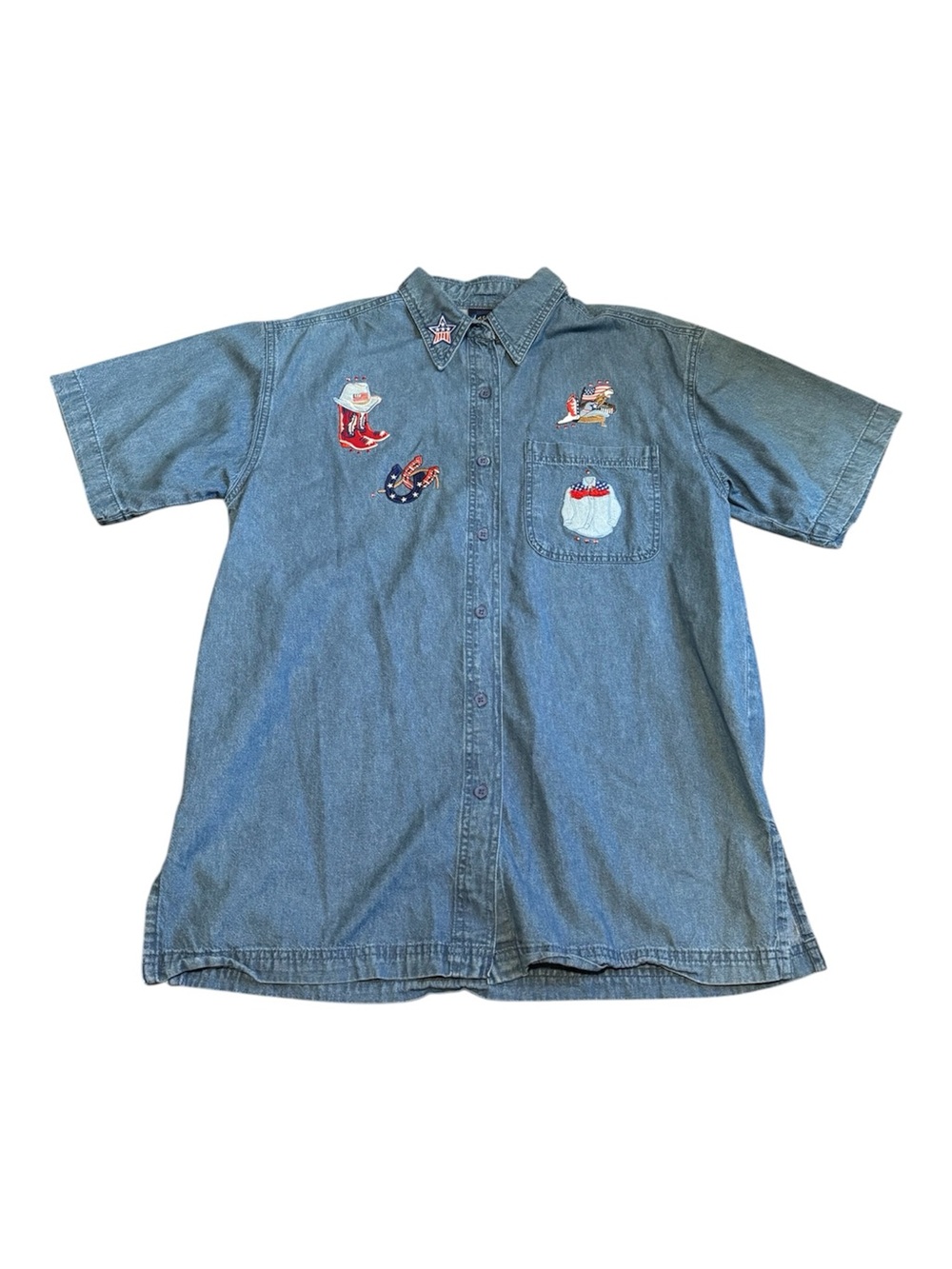 Vintage LasOLas Denim Button-Up Shirt with Embroidered Patches M